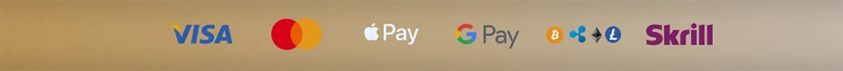 A row of secure payment method logos including Visa, Mastercard, Apple Pay, Google Pay, various cryptocurrencies (Bitcoin, Ripple, Ethereum, Litecoin), and Skrill on a gold gradient background.