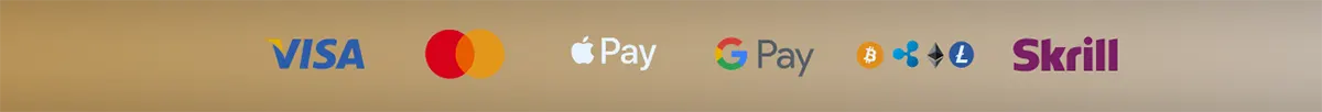 A row of secure payment method logos including Visa, Mastercard, Apple Pay, Google Pay, various cryptocurrencies (Bitcoin, Ripple, Ethereum, Litecoin), and Skrill on a gold gradient background.