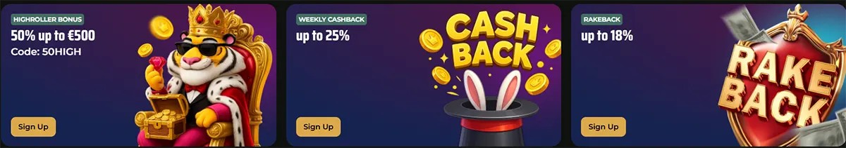 Three promotional tiles for Royal Tiger casino highlighting ongoing player rewards: a Highroller Bonus of 50% up to €500 (using code: 50HIGH), a Weekly Cashback of up to 25%, and a Rakeback offer of up to 18%.