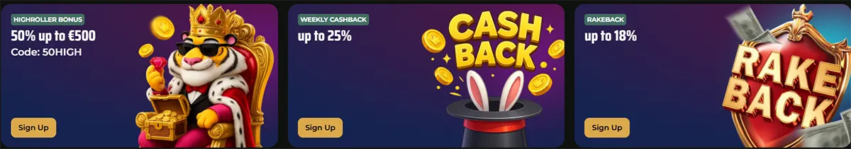 Three promotional tiles for Royal Tiger casino highlighting ongoing player rewards: a Highroller Bonus of 50% up to €500 (using code: 50HIGH), a Weekly Cashback of up to 25%, and a Rakeback offer of up to 18%.