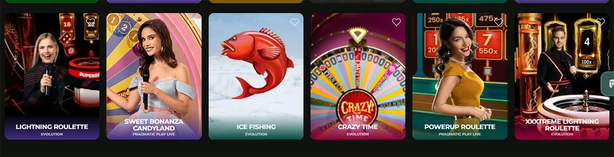 An English selection of live casino and game show titles, featuring popular games like Lightning Roulette, Sweet Bonanza Candyland, Ice Fishing, and Crazy Time from providers such as Evolution and Pragmatic Play Live.