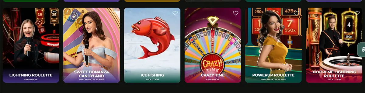 An English selection of live casino and game show titles, featuring popular games like Lightning Roulette, Sweet Bonanza Candyland, Ice Fishing, and Crazy Time from providers such as Evolution and Pragmatic Play Live.