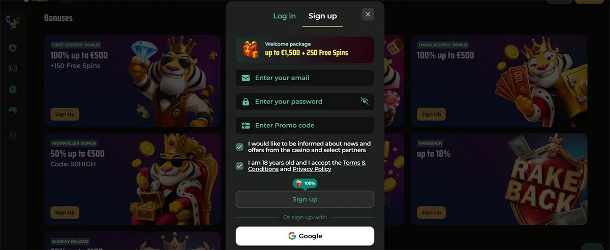 An English registration pop-up for Royal Tiger casino, offering a welcome package of up to €1,500 + 250 Free Spins over a background highlighting various promotional deposit bonuses and rake-back tiles.