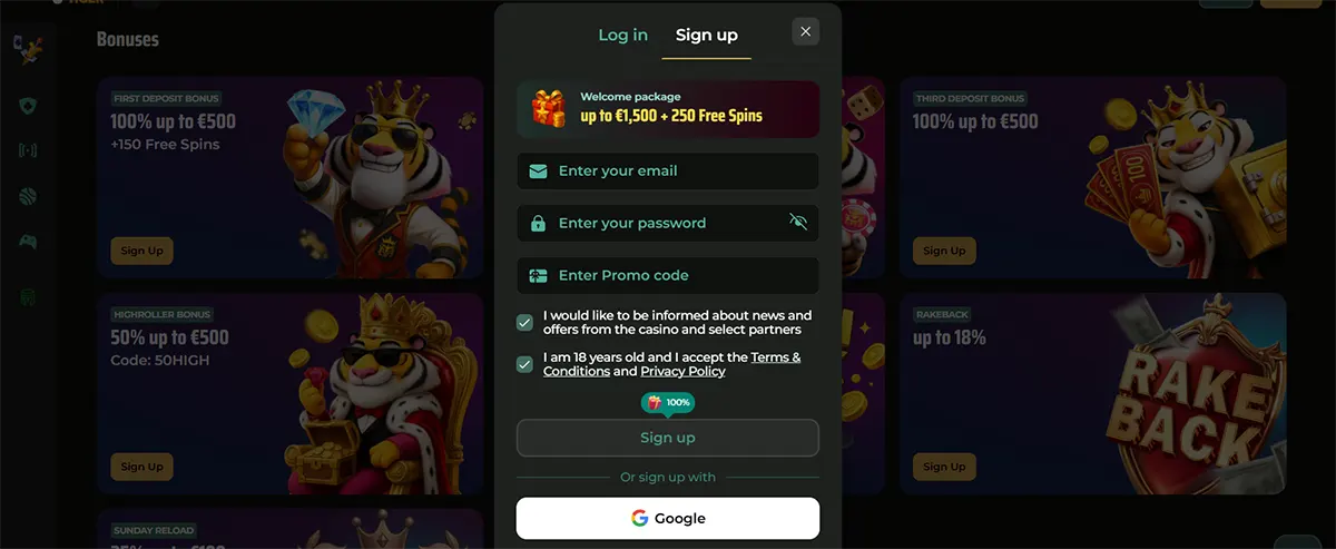An English registration pop-up for Royal Tiger casino, offering a welcome package of up to €1,500 + 250 Free Spins over a background highlighting various promotional deposit bonuses and rake-back tiles.
